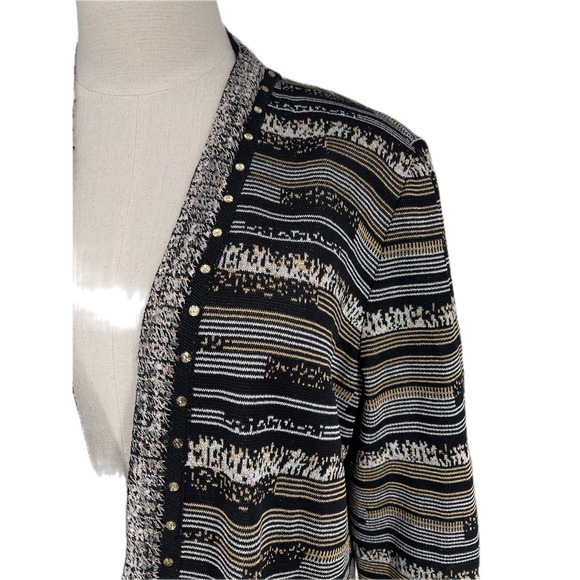 NWT Misook Women's Black Gold Silver Metallic Geometric Long Knit Cardigan XL - Picture 7 of 12